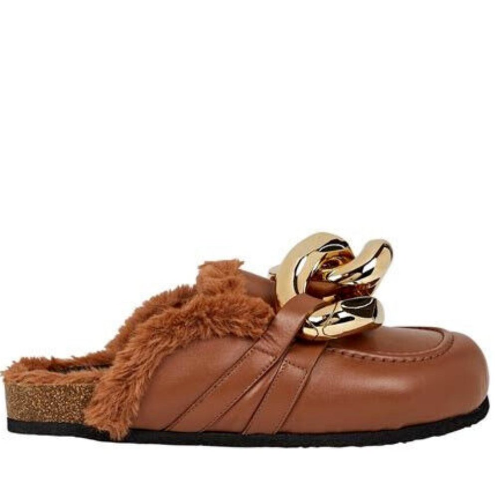 JW Anderson Leather Loafer Shearling Lined Gold Chain Brown Italy NWOT - Picture 12 of 12